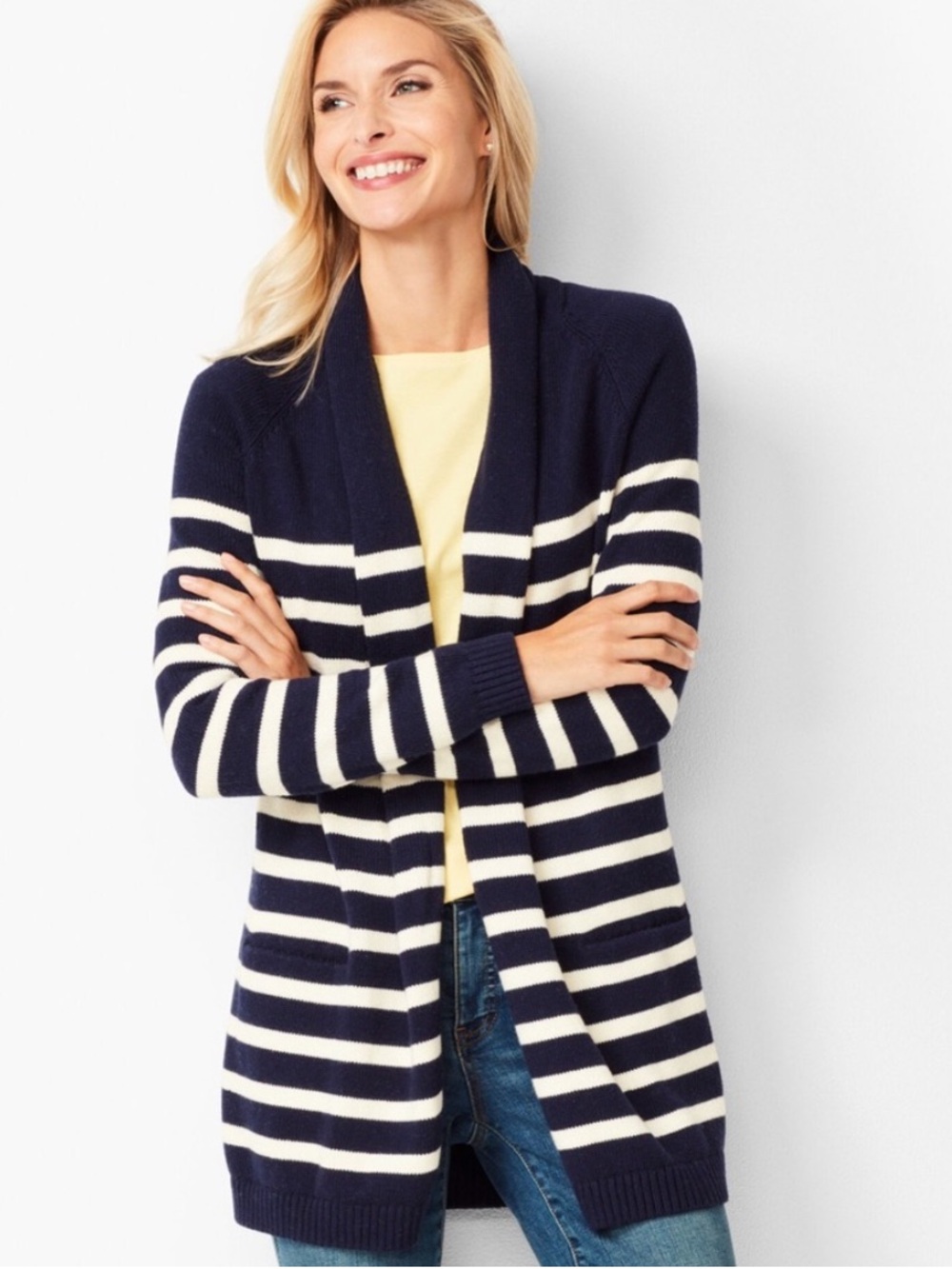 Talbots Plus 1X Navy Ivory Striped Heavyweight Long Cardigan